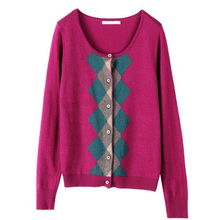 茵曼2012冬裝新款 撞色菱形格子圓領針織小外套，羅蘭紫的優雅魅力